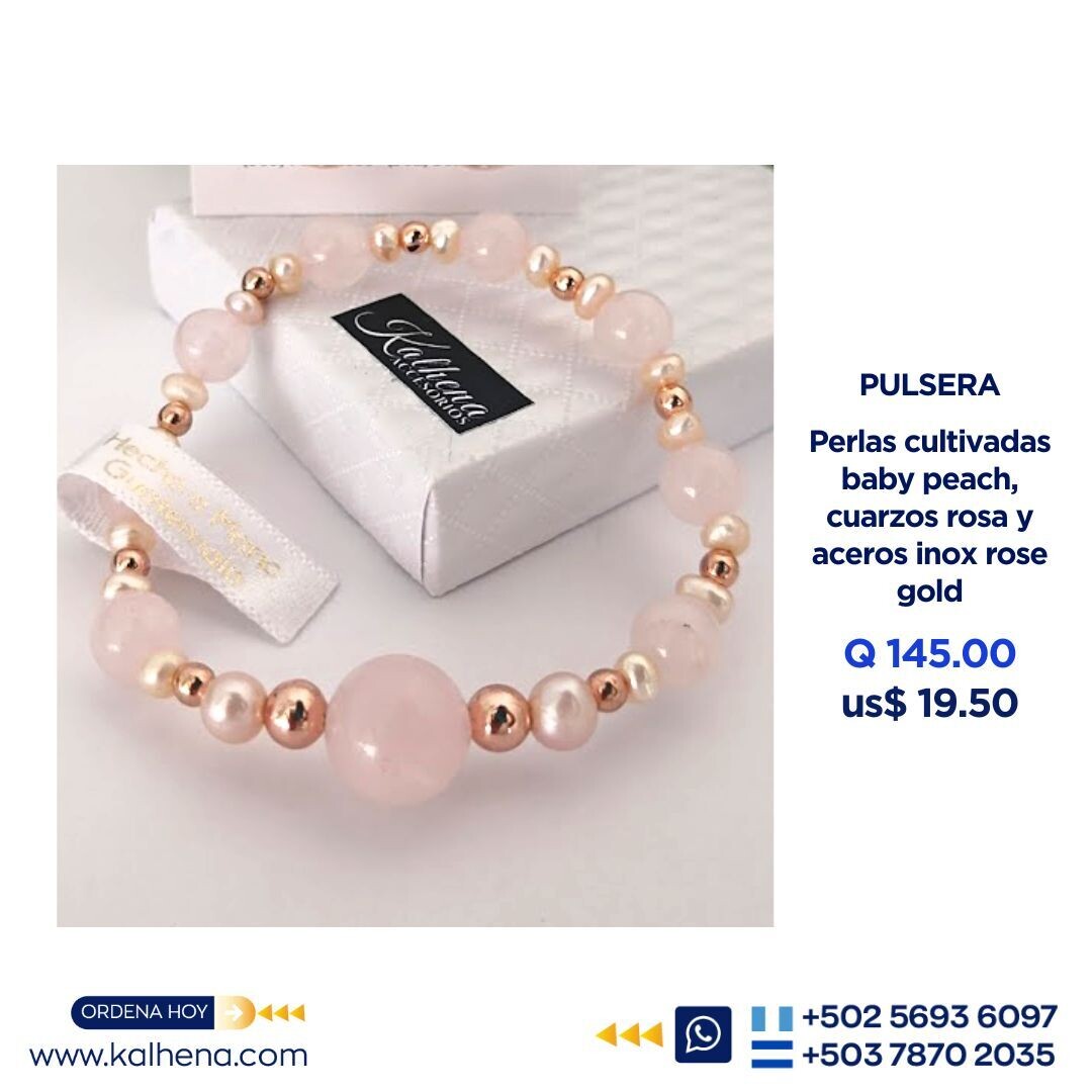 Pulsera Cuarzos Rosa, perlas cultivadas baby peach