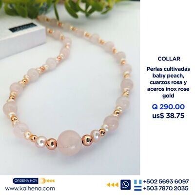 Collar perlas cultivadas y cuarzos rosa, perla baby peach