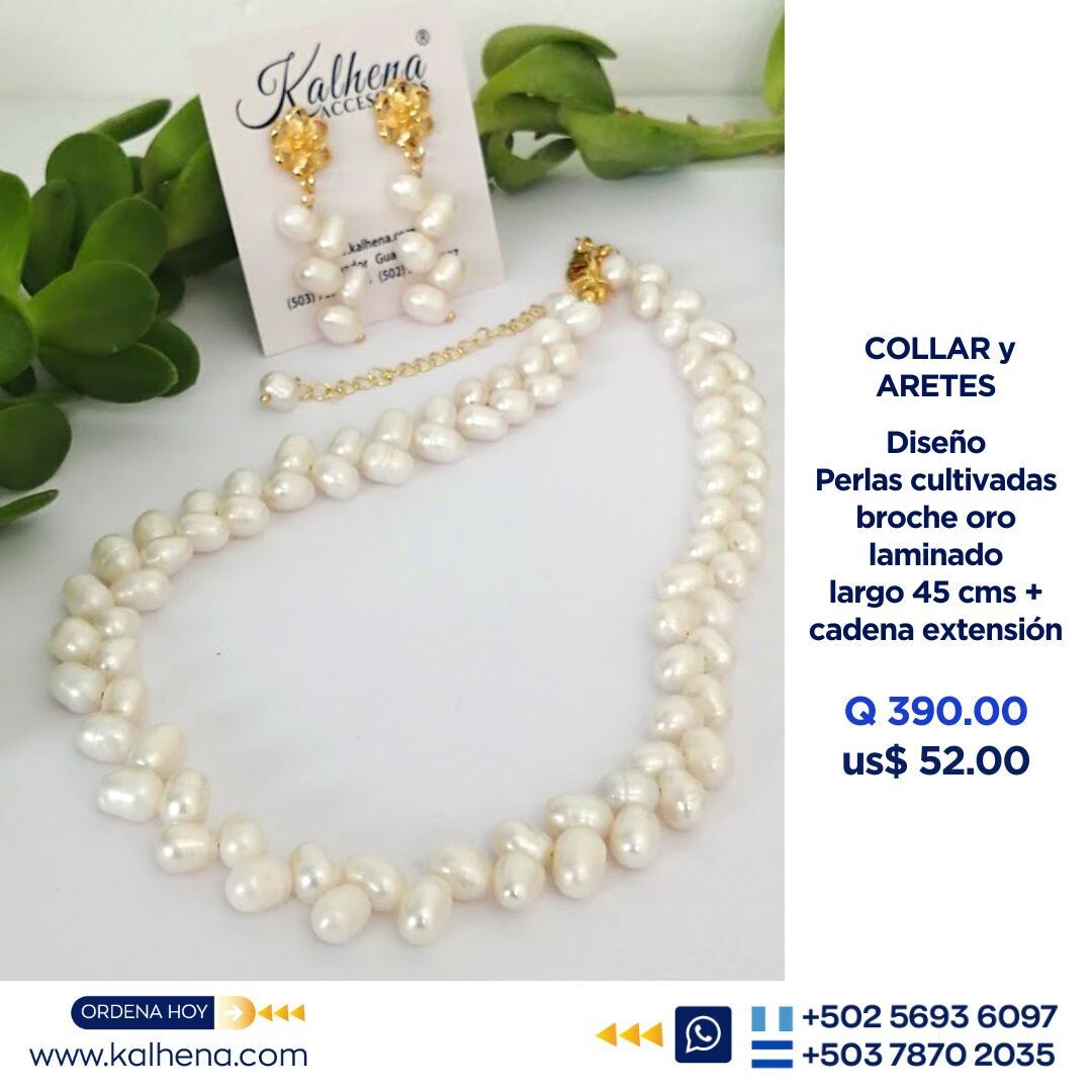 Collar y Aretes perlas cultivadas detalle asimétrico broche oro laminado