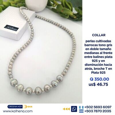 Collar perlas grises medianas entre plata 925 al frente y pequeñas hacia atras broche T plata 925