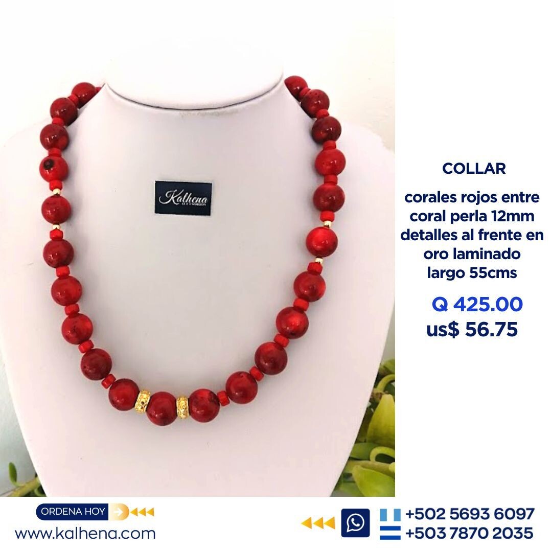 Collar entre corales rojos grandes 12mm en oro laminado