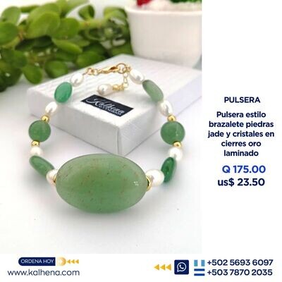 Pulsera brazalete Jades y perlas cierres oro laminado