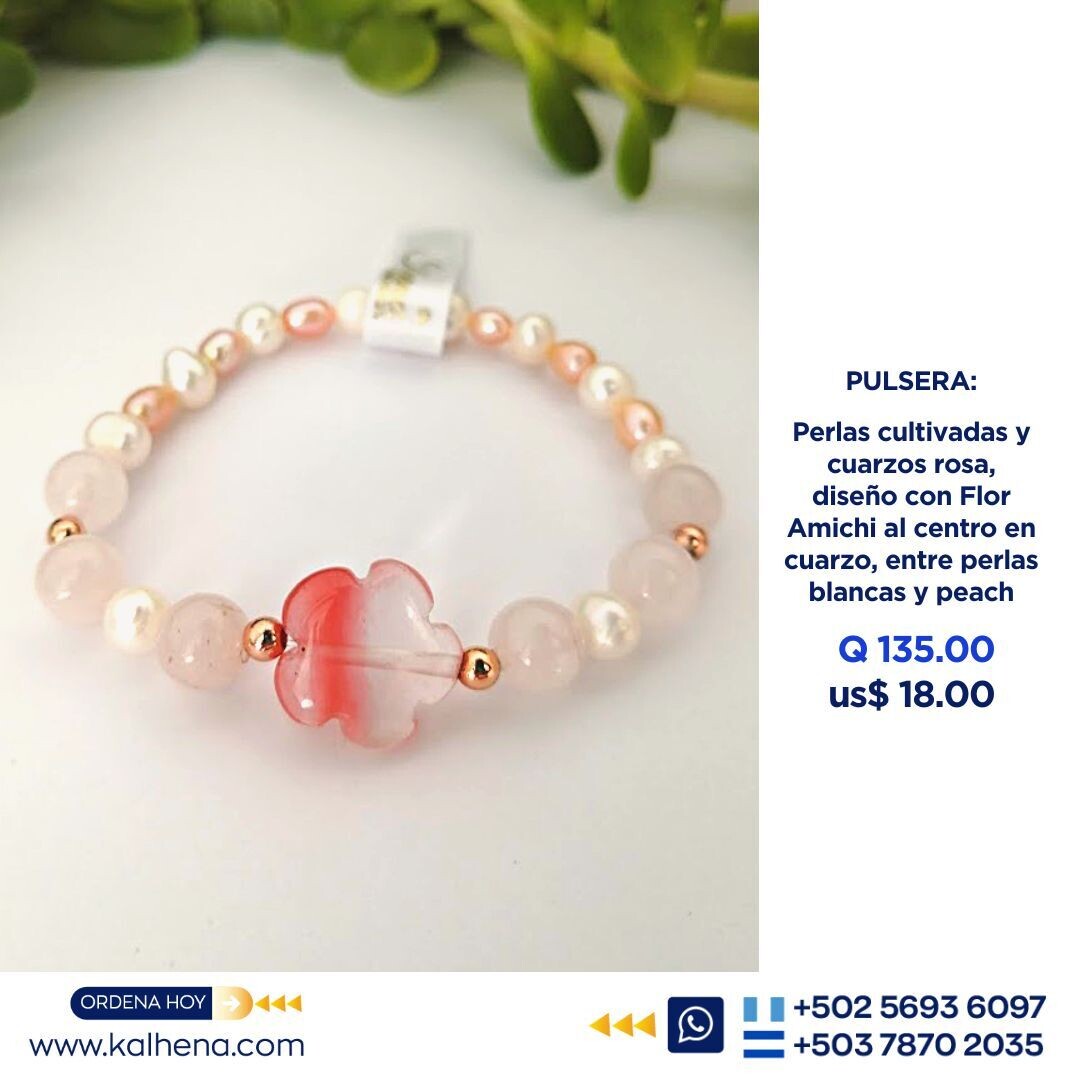 Pulsera Flor amichi cuarzos rosa y perlas cultivadas peach y blancas
