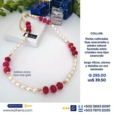 Collar perlas cultivadas y piedra natural, balines rose gold