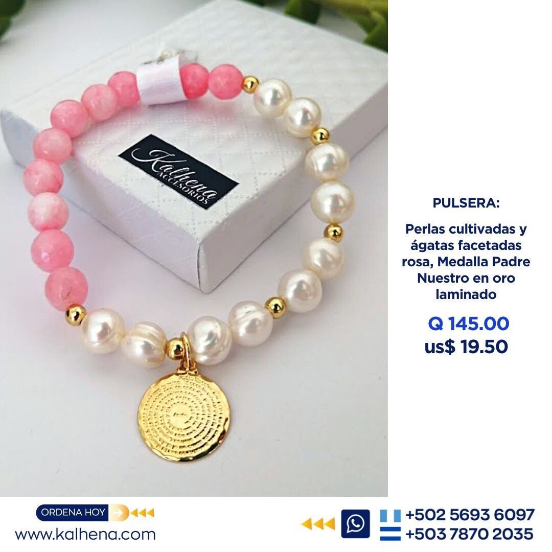 Pulsera perlas cultivadas y Agatas rosa Medalla Padre Nuestro