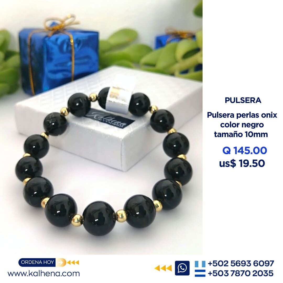 Pulsera piedra natural onix negro entre balines dorados