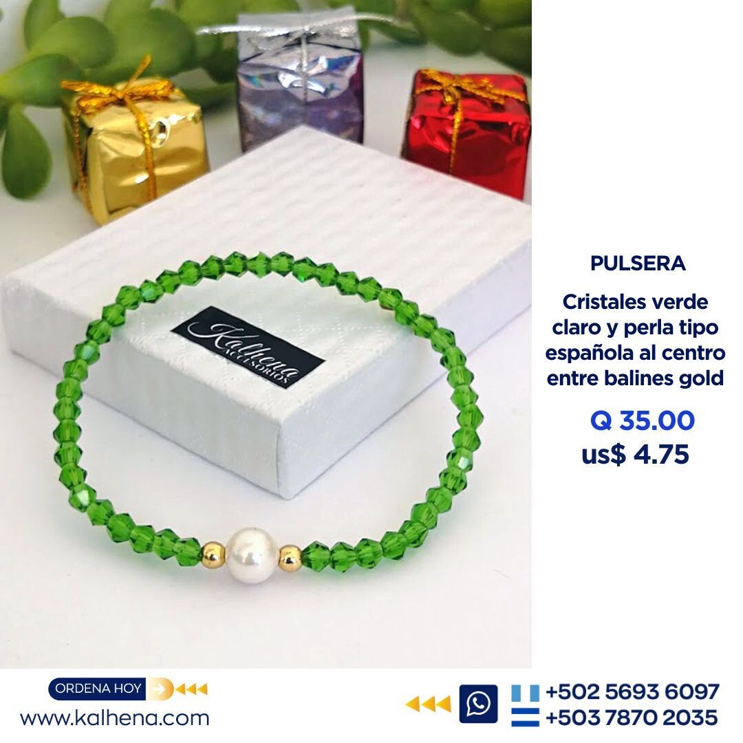 Pulsera cristal verde claro y perla tipo española