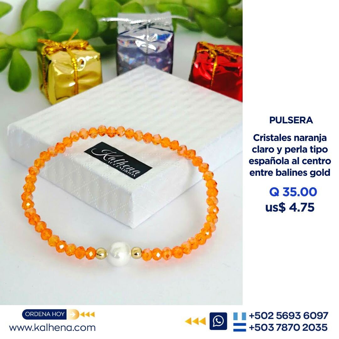 Pulsera cristal naranja claro y perla tipo española