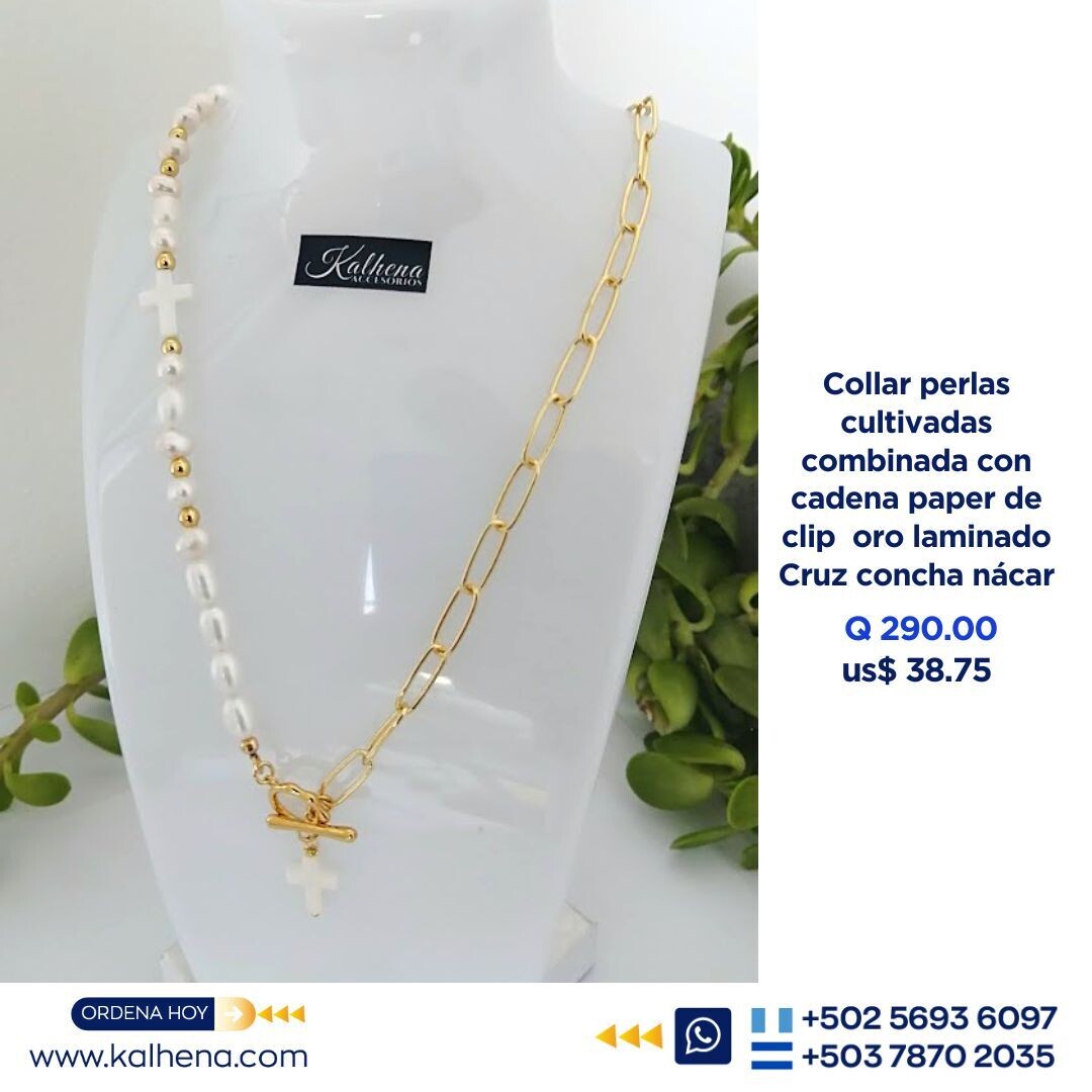 Collar perlas combinada con cadena paper clip Cruz concha nácar