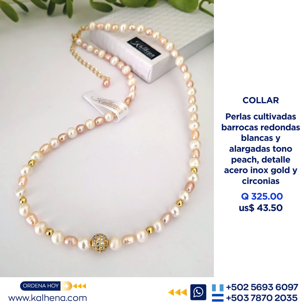Collar perlas cultivadas blancas entre peach y detalle gold con circonias