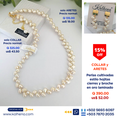 Set Collar y Aretes perlas cultivadas en forma hojitas pequeñas