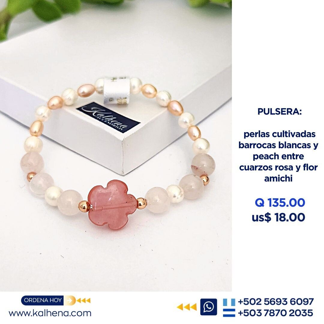 Pulsera Flor amichi cuarzos rosa/perlas cultivadas blanco/ peach