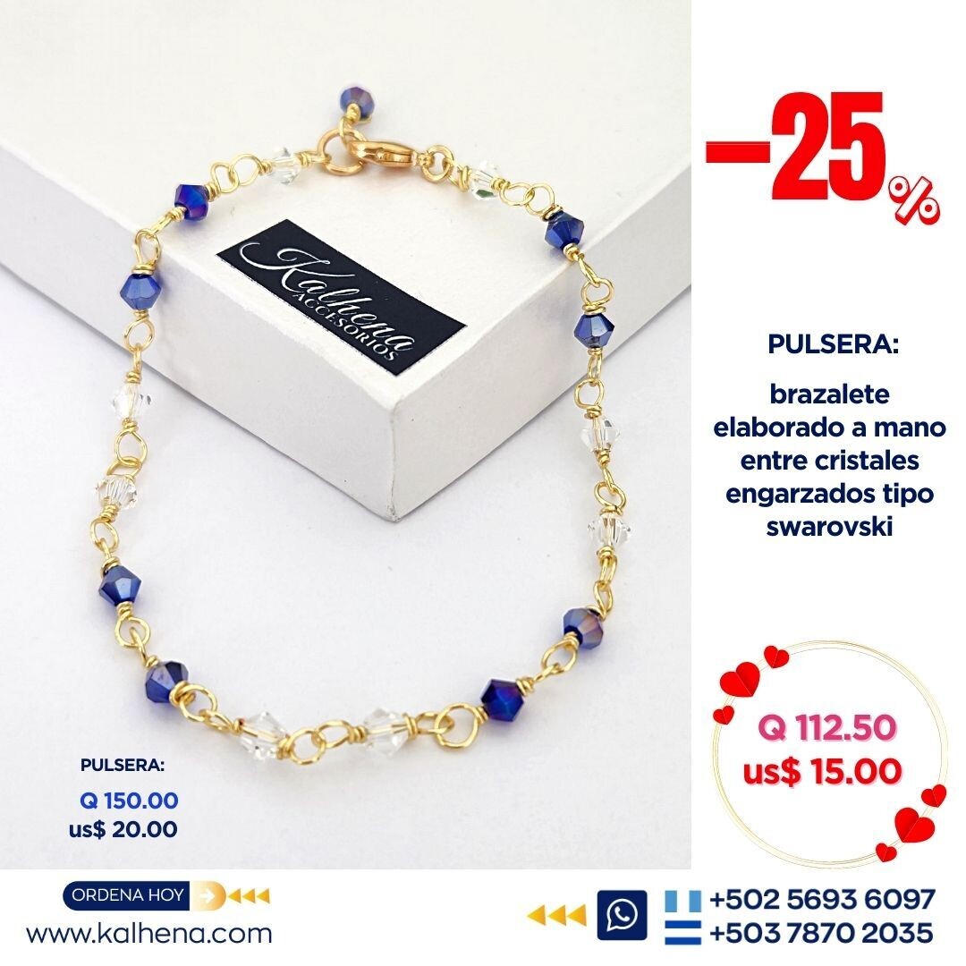 Pulsera brazalete handmade cristales azul y transparente en gold