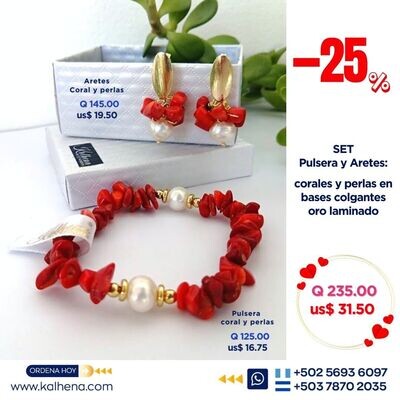 Set Pulsera y Aretes corales rojos y perlas cultivadas