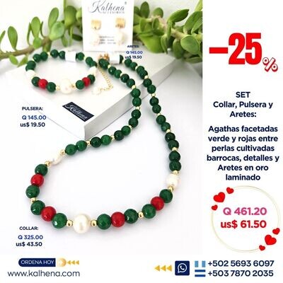 Set completo perlas y Ágathas verde y rojas