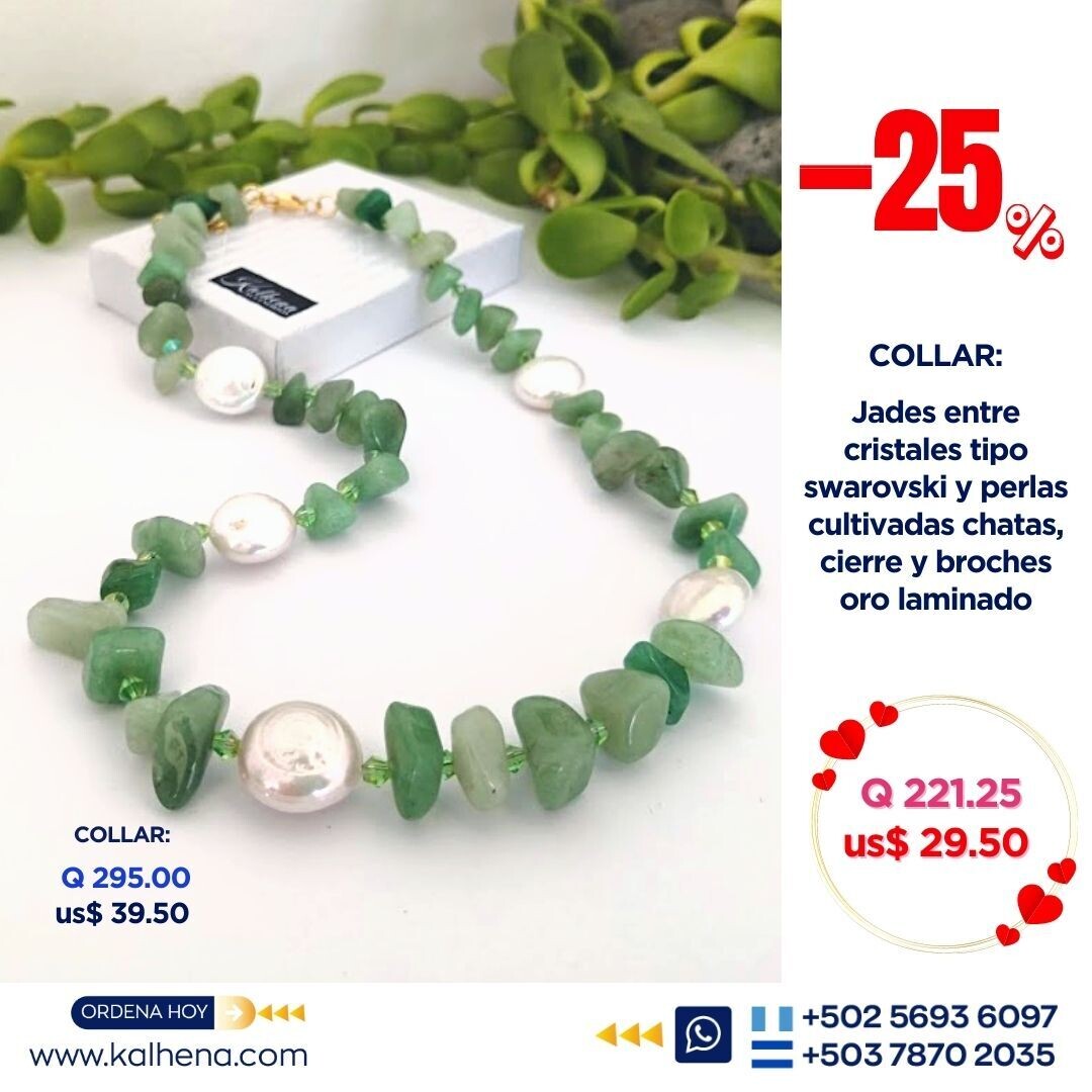 Collar piedras Jade verde entre perlas  y cristales