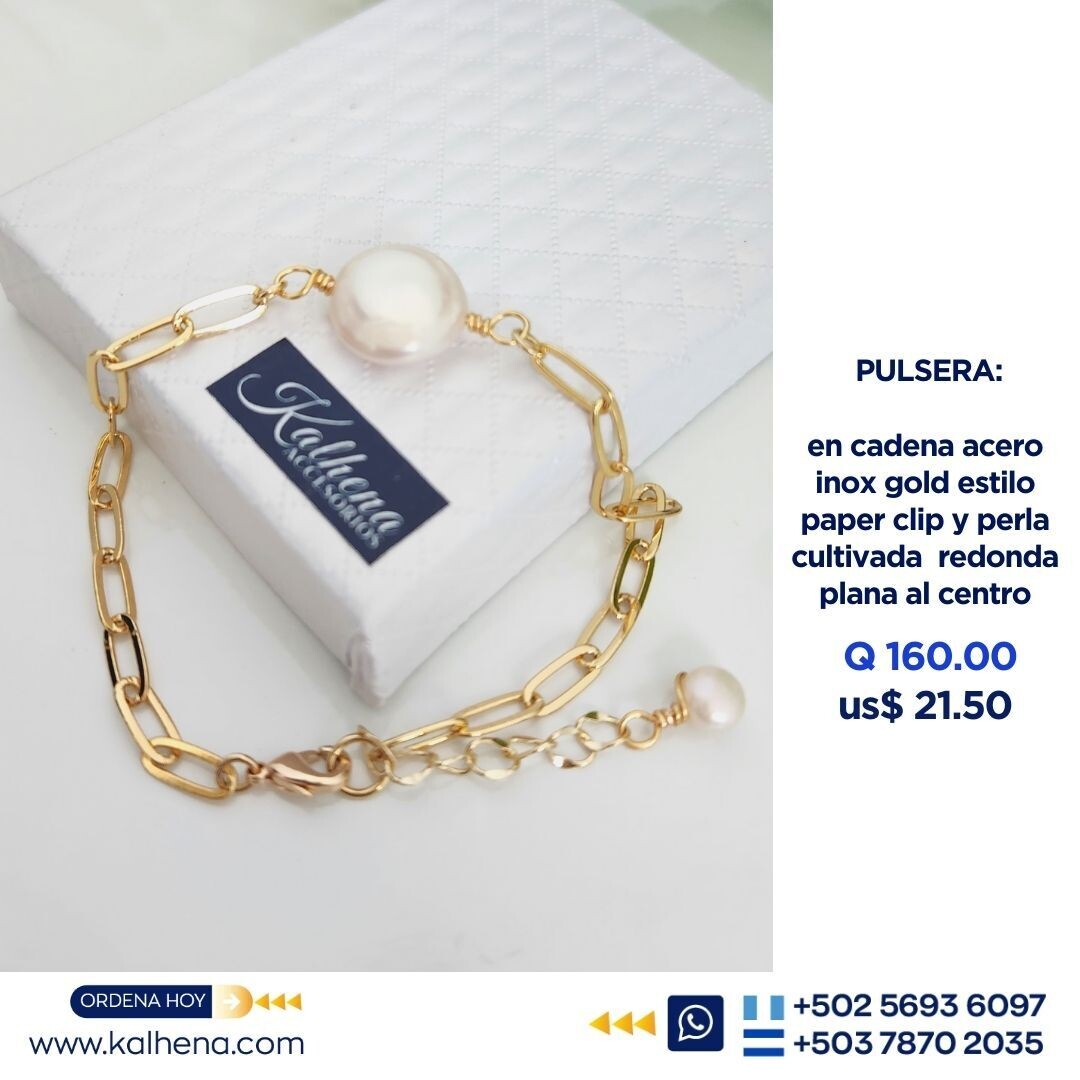 Pulsera acero inox gold paper clip y perla cultivada