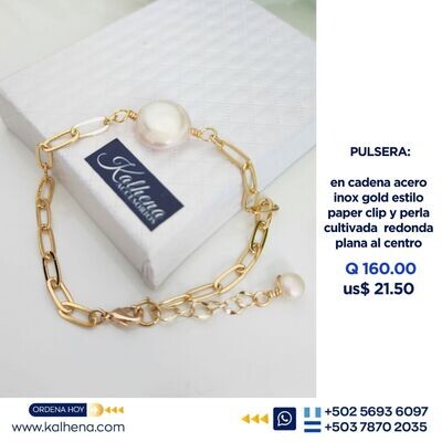 Pulsera acero inox gold paper clip y perla cultivada