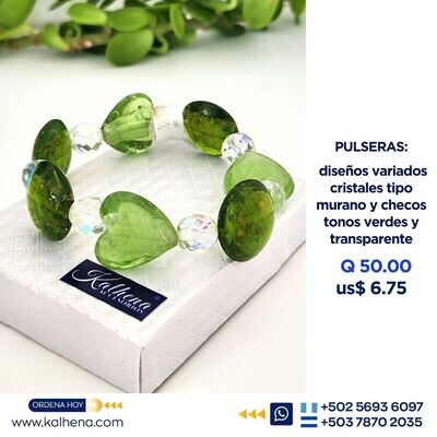 Pulsera cristales facetados y tipo murano tonos verde/transparente
