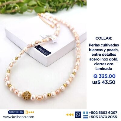 Collar perlas cultivadas blancas entre peach y detalle gold con circonias