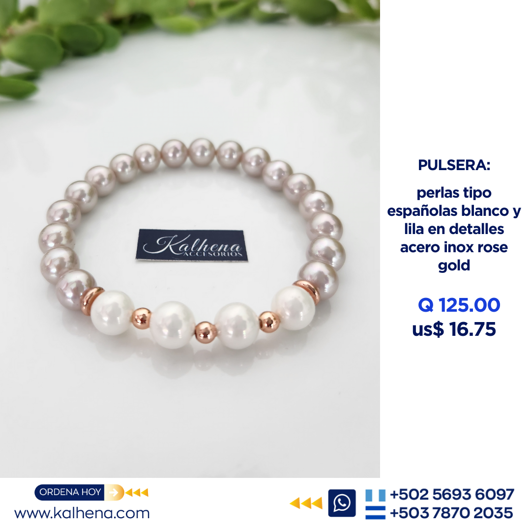 Pulsera perlas tipo españolas blancas/lila en rose gold