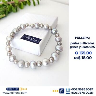 Pulsera perlas grises doble tamaño en plata 925