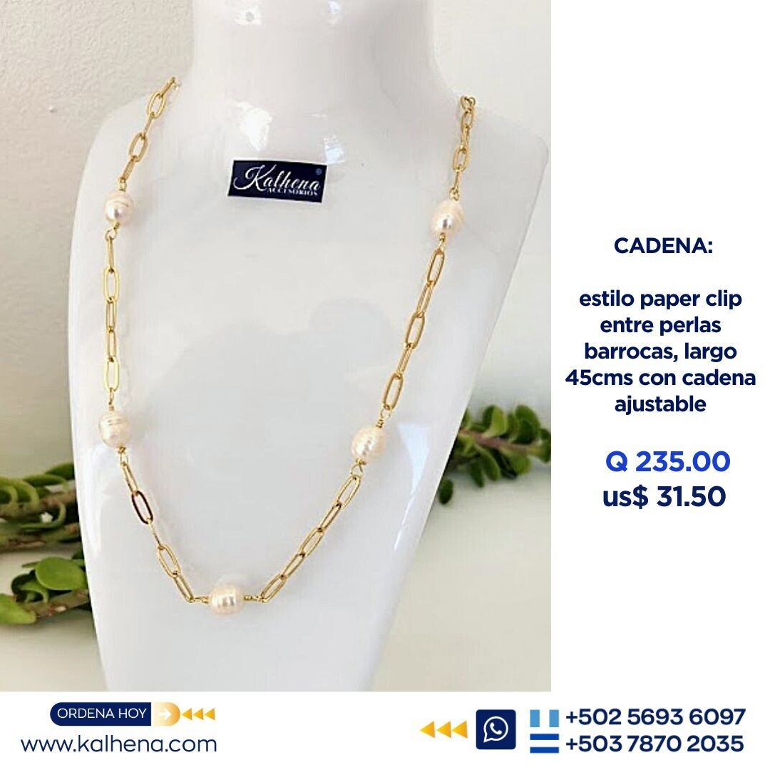 Cadena paper clip entre perlas cultivadas barrocas en acero inox gold