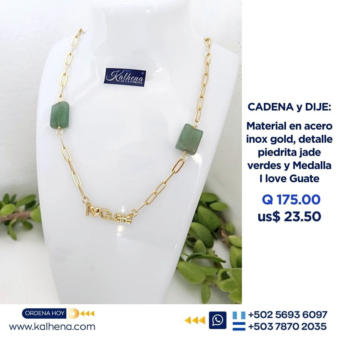 Cadena paper clip acero inox gold y Jades verdes rectangulares