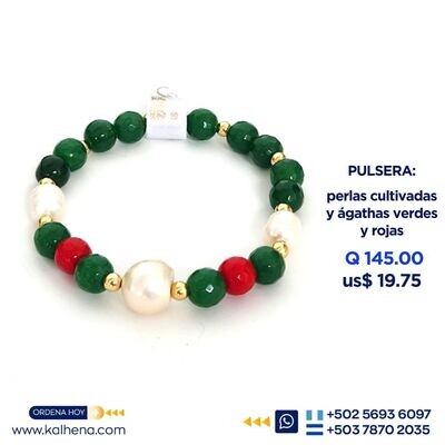 Pulsera perlas cultivadas y Ágathas rojas/verdes