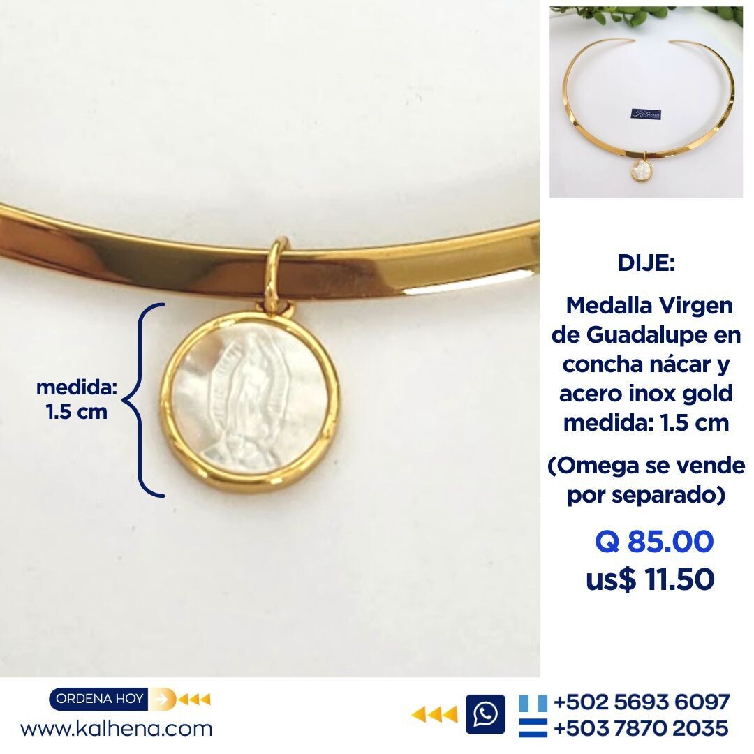 Medalla Virgen de Guadalupe circular concha nácar en acero inox gold