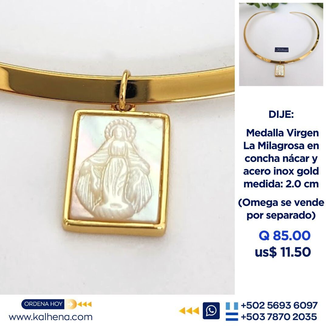 Medalla Virgen La Milagrosa concha nácar en acero inox gold