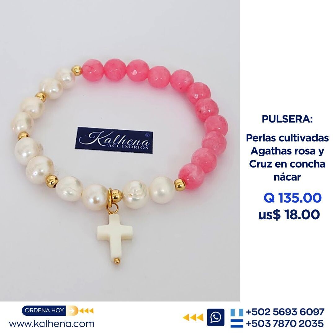 Pulsera perlas cultivadas ágathas rosa y Cruz concha nácar