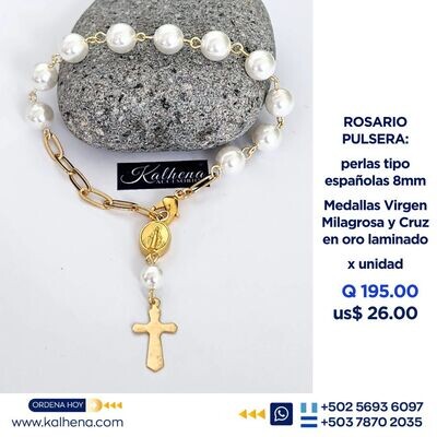 Rosario pulsera brazalete perlas tipo españolas blancas