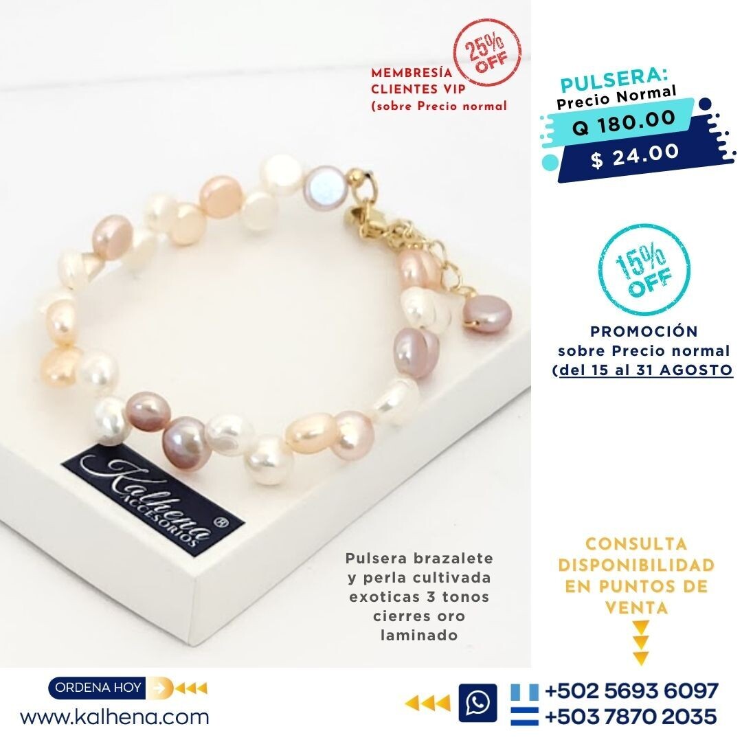 Pulsera brazalete perlas cultivadas exóticas 3 tonos