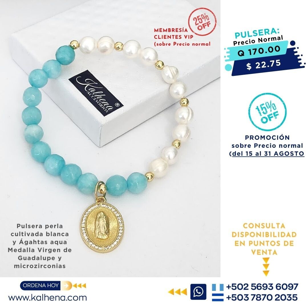 Pulsera Agathas aqua y perlas cultivadas Medalla Virgen de Guadalupe