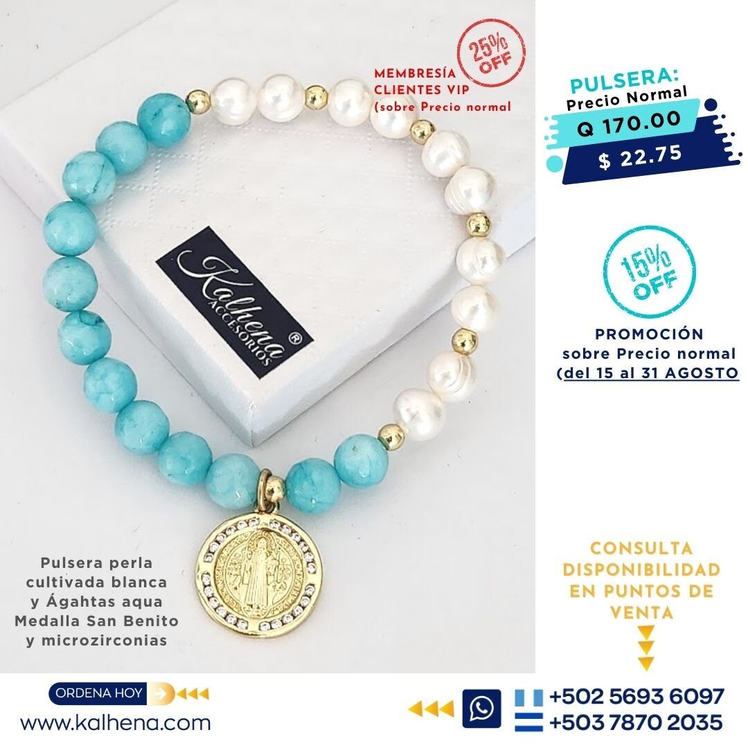 Pulsera Agathas aqua y perlas cultivadas Medalla San Benito