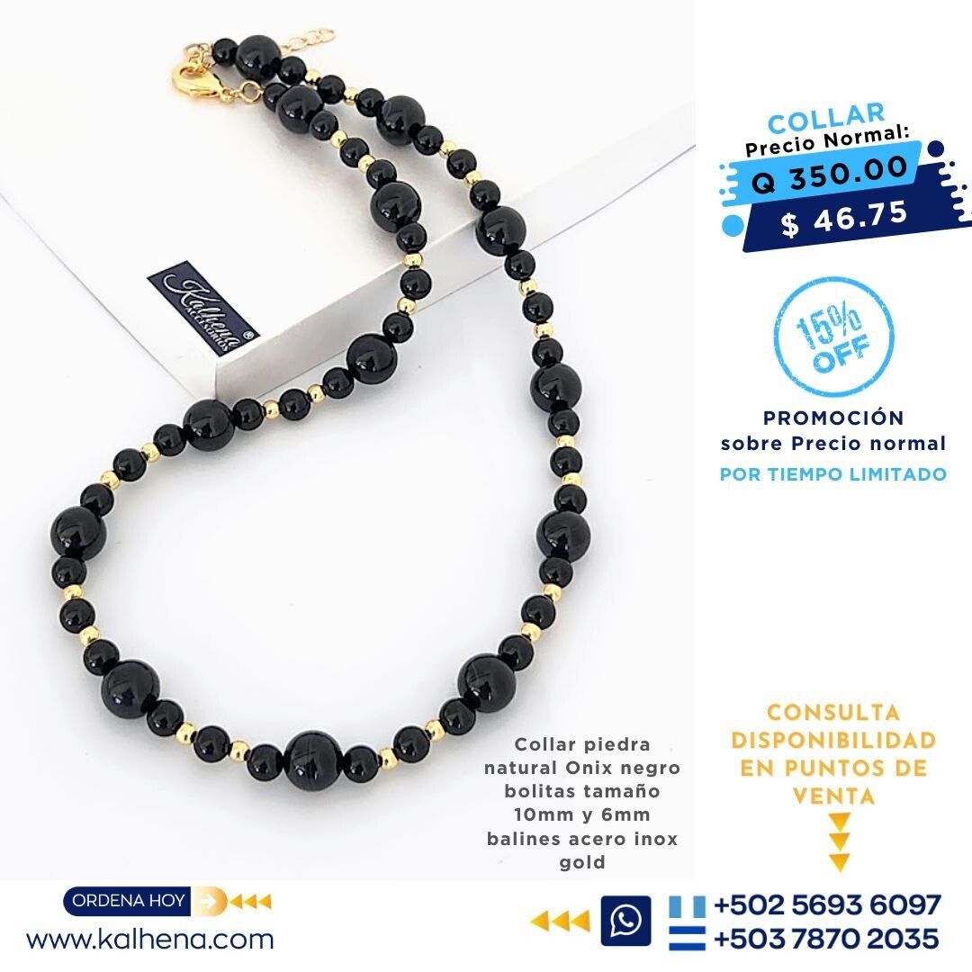 Collar Onix negro perlas 10mm y 6mm entre balines acero inox gold