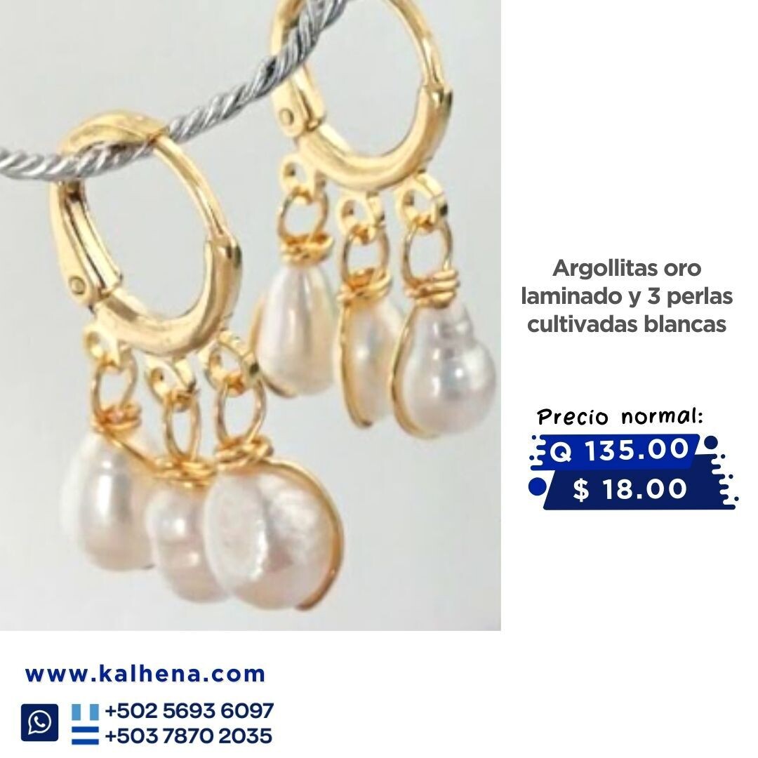 Aretes argollitas oro laminado en 3 perlas mini barrocas blancas