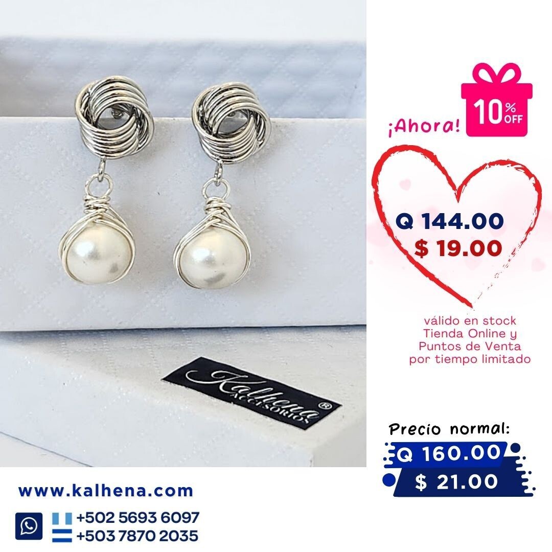 Aretes perla tipo española blanca y colgante laminado de plata