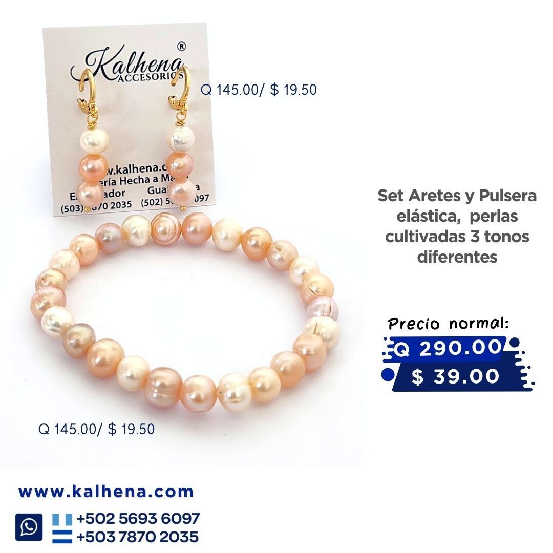 Set Pulsera y Aretes perlas cultivadas exóticas 3 tonos