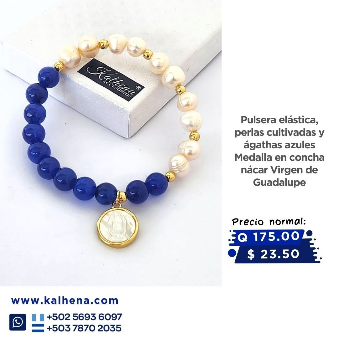 Pulsera Agathas azules y perlas cultivadas Medalla Virgen Guadalupe en concha nácar
