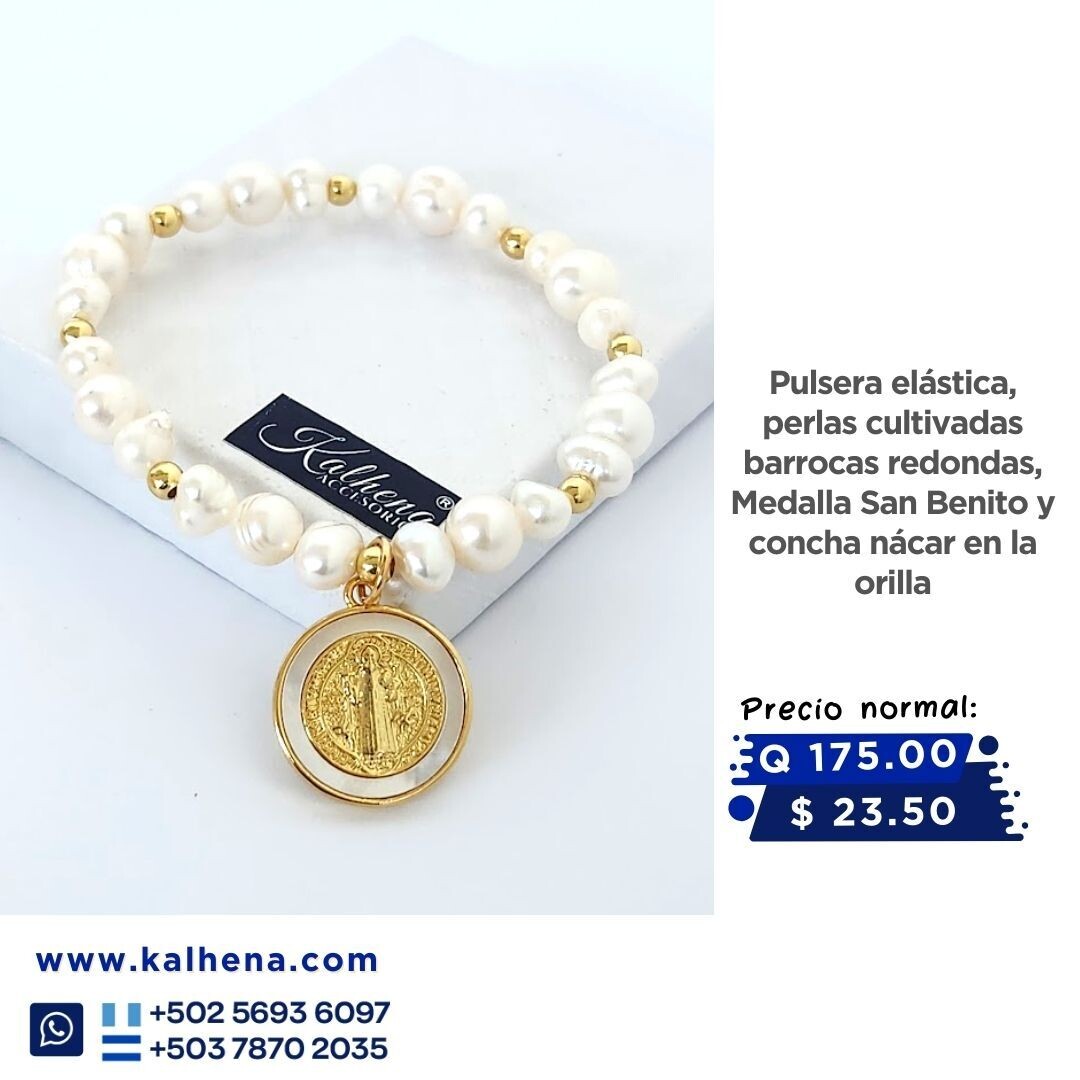 Pulsera perlas cultivadas entre balines con Medalla San Benito