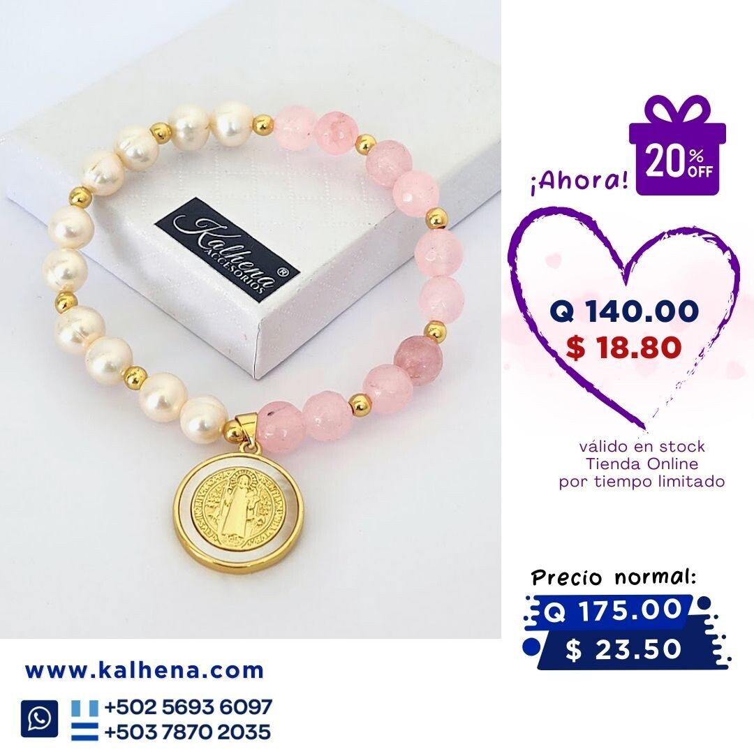 Pulsera Cuarzos Rosa y perlas cultivadas Medalla San Benito