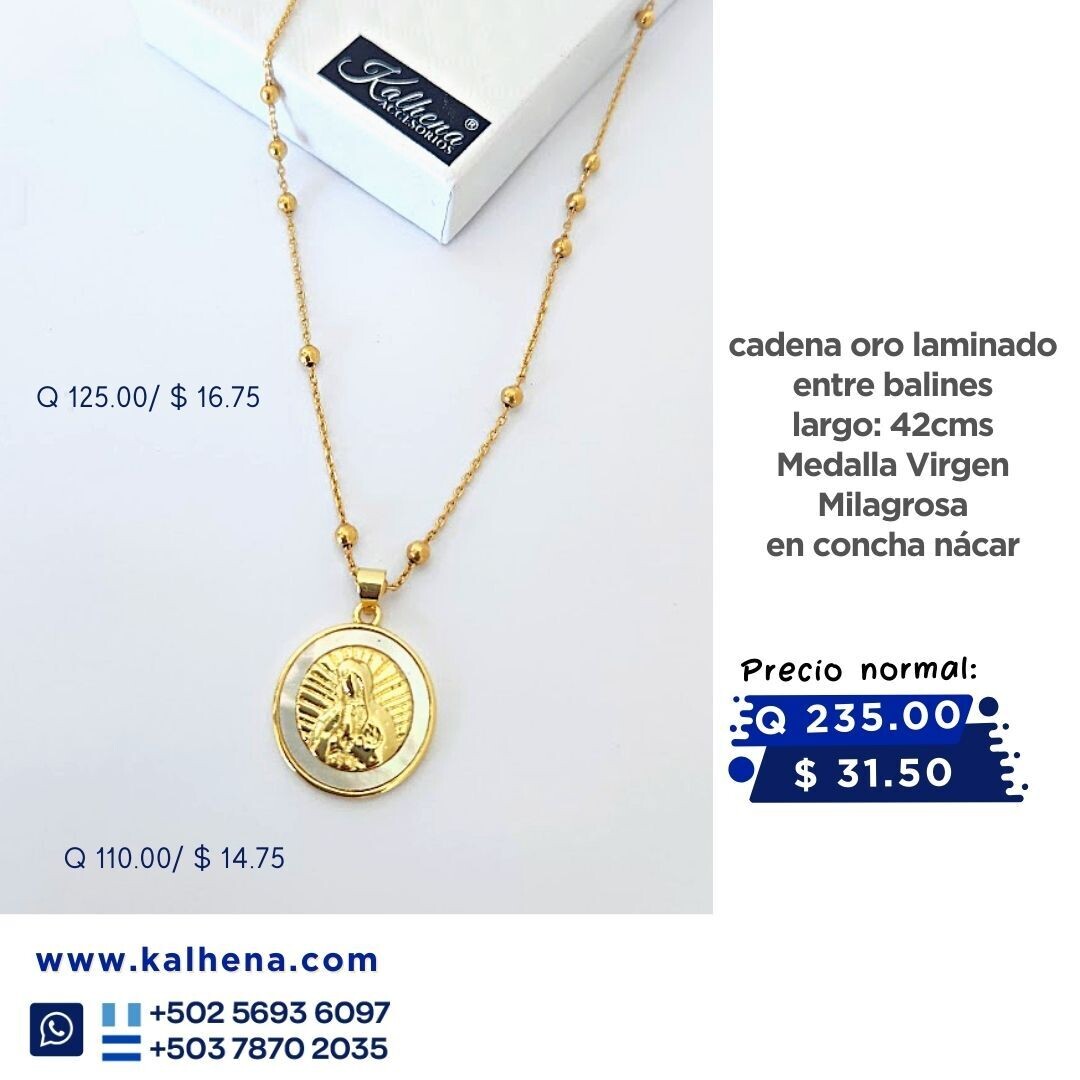 Cadena en oro laminado (largo 42cms) y Medalla Virgen de Guadalupe