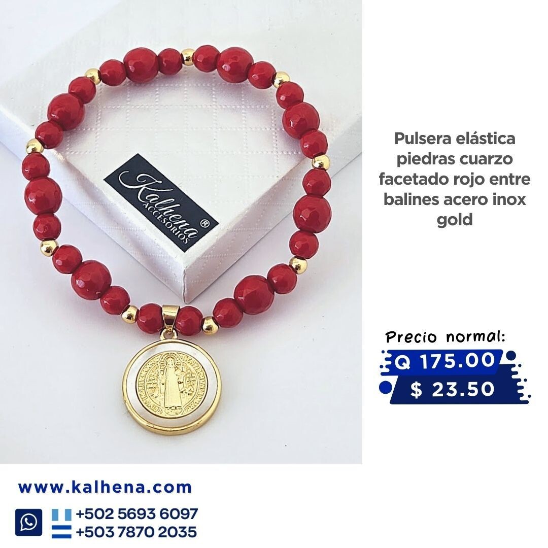 Pulsera cuarzos facetaos rojos y Medalla San Benito