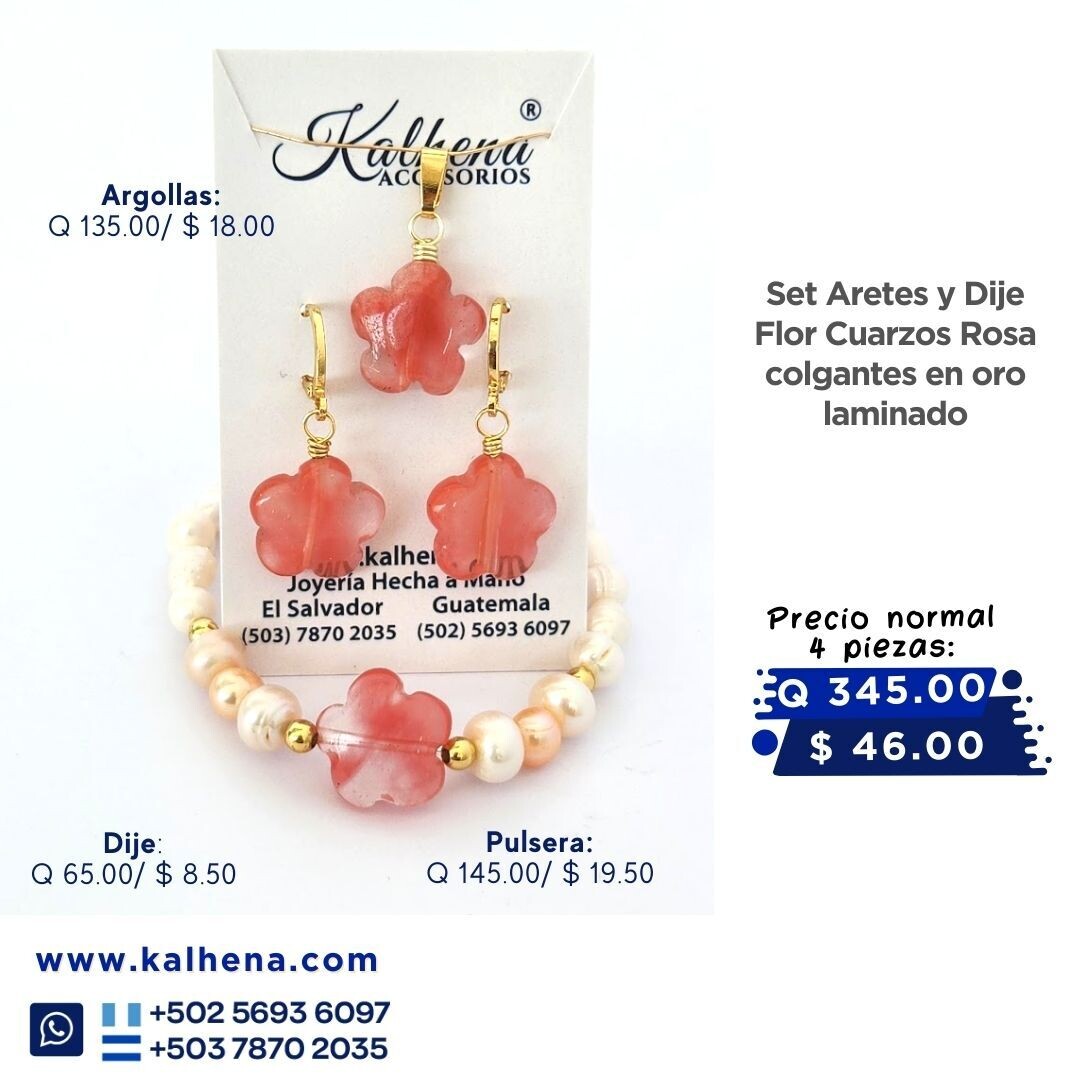 Set argollas, dije y Pulsera Flor Amichi Cuarzos rosa