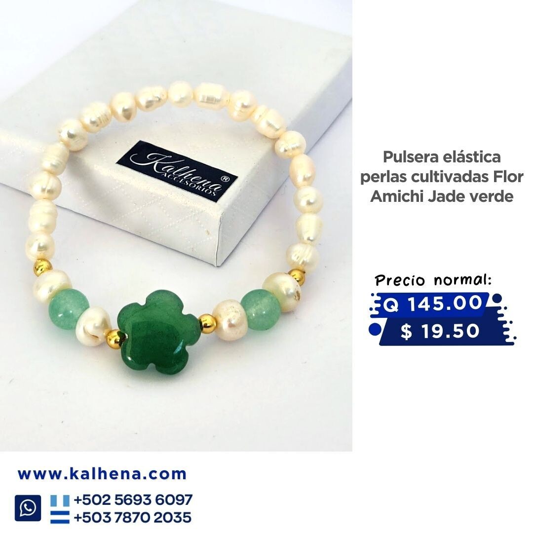 Pulsera flor amichi Jade y perlas cultivadas en dorado