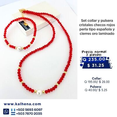 Collar y pulsera cristales checos rojos entre perla tipo española