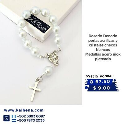Rosario / Denario / Decenario perlas acrílicas y cristales checos blancos Medallas acero inox plateado