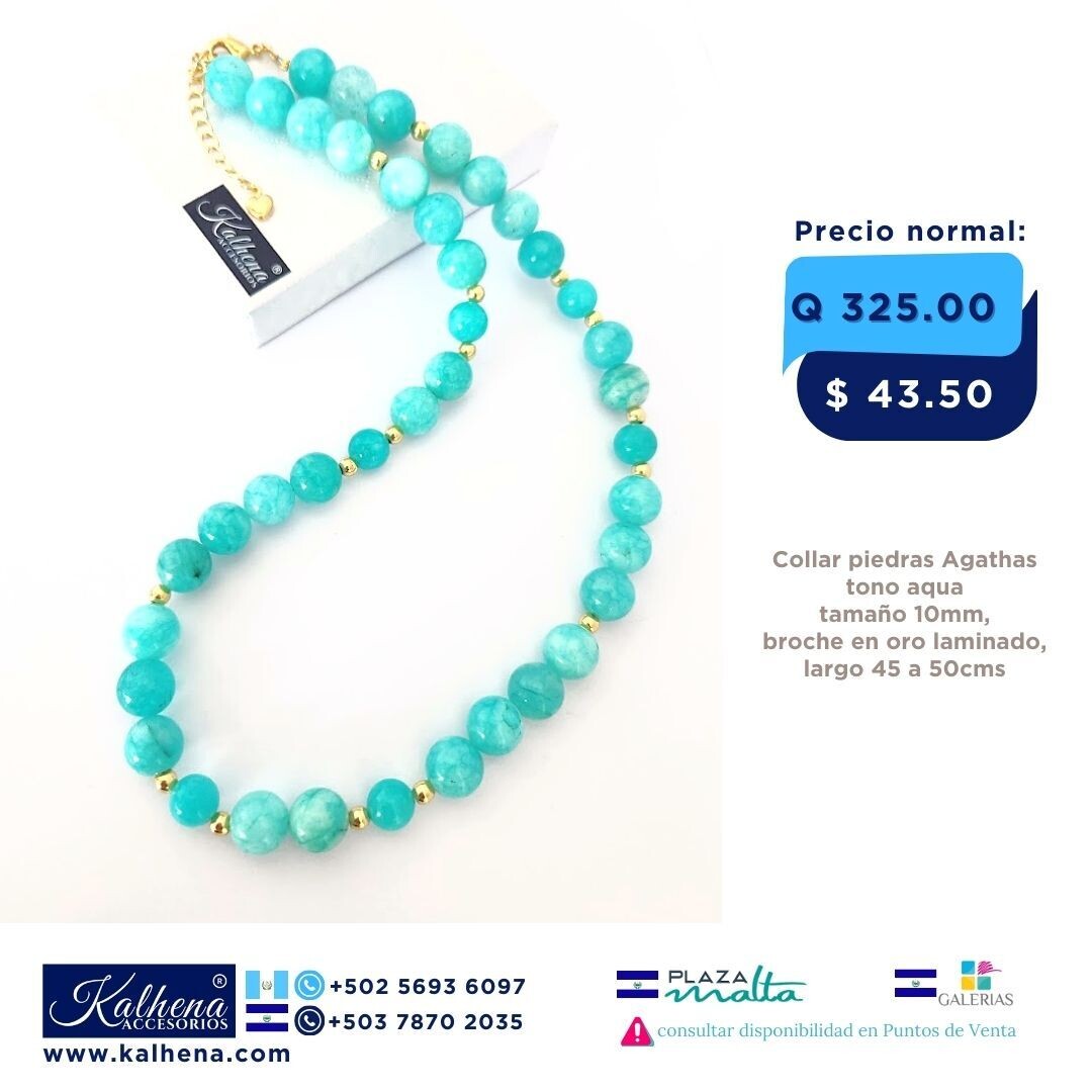 Collar Agathas tono aqua tamaño grandes cierres oro laminado